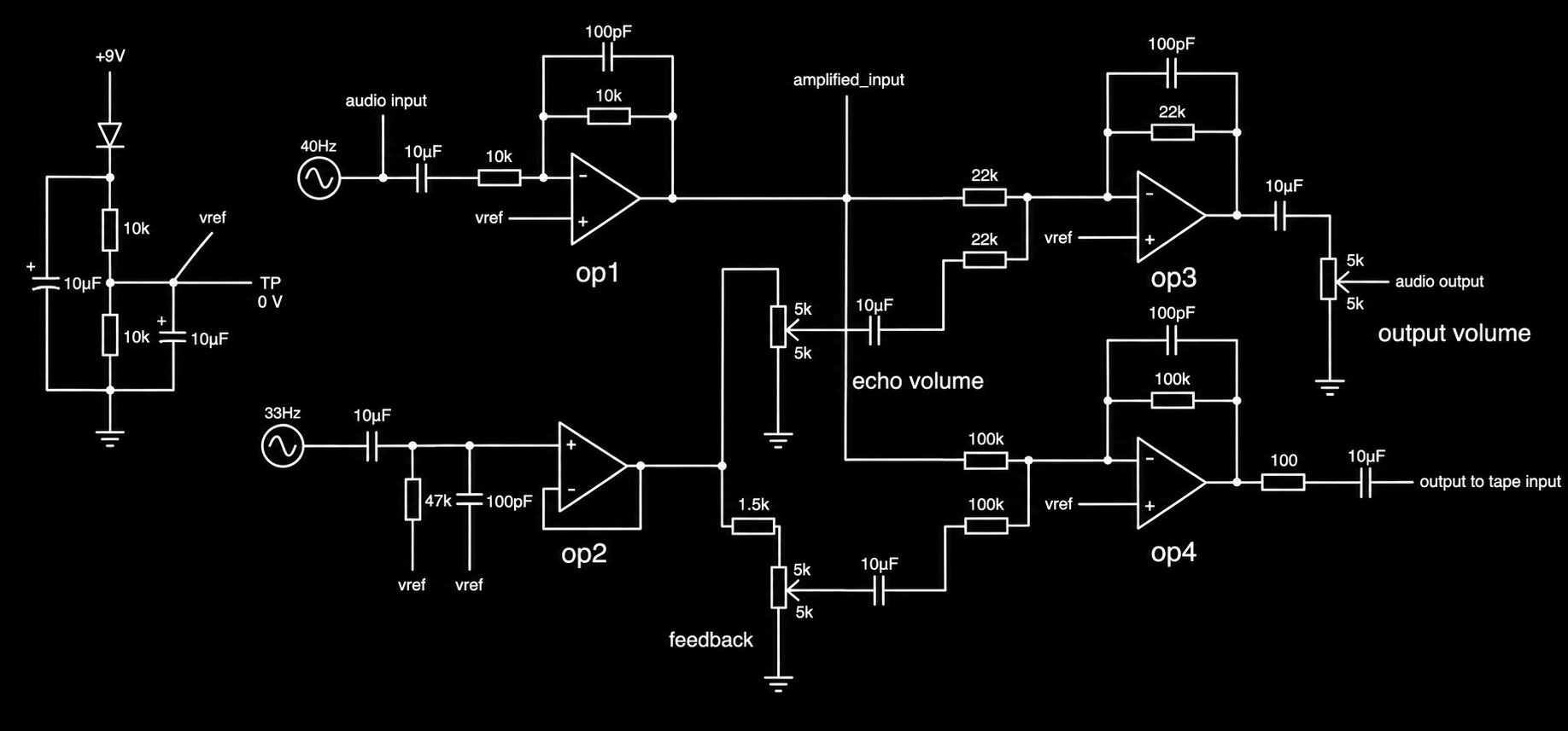 Echomatic analog signal-path schematic: four op-amps with input, feedback, echo volume, and tape-output stages