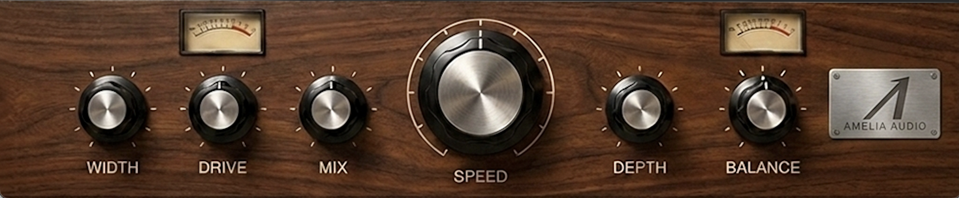 Rotomatic control panel — six knobs on walnut, two VU meters, brass Amelia Audio plate.