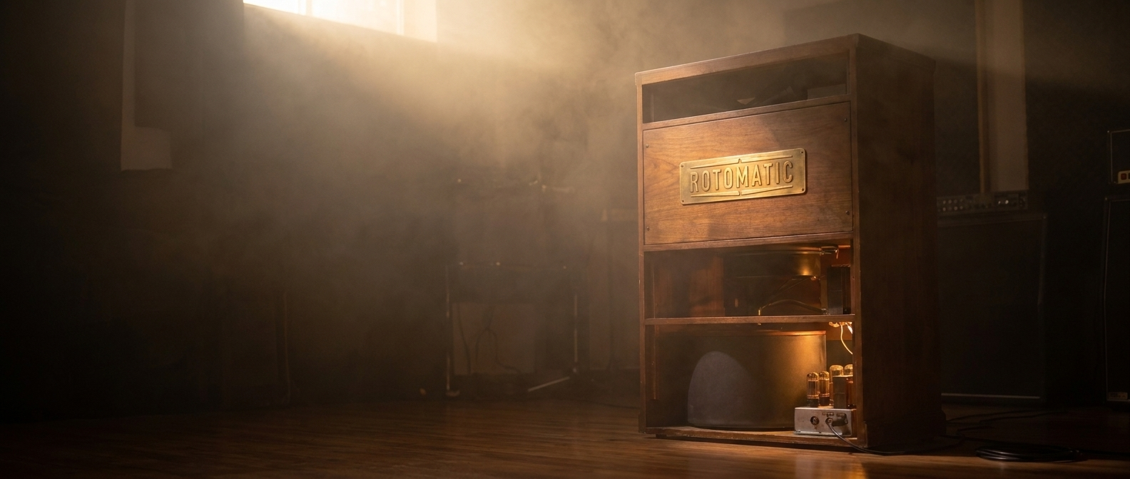 Rotomatic cabinet — wide cinematic studio shot, smoky room, light spilling in from above, glowing valves visible at the bottom of the cabinet.