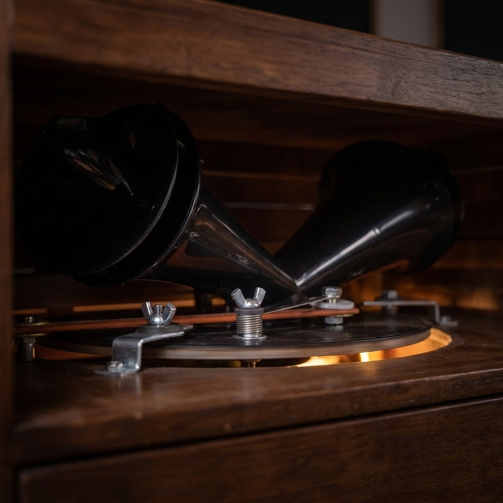 The horn rotor — two cast-bakelite horns on a spinning wooden platter.