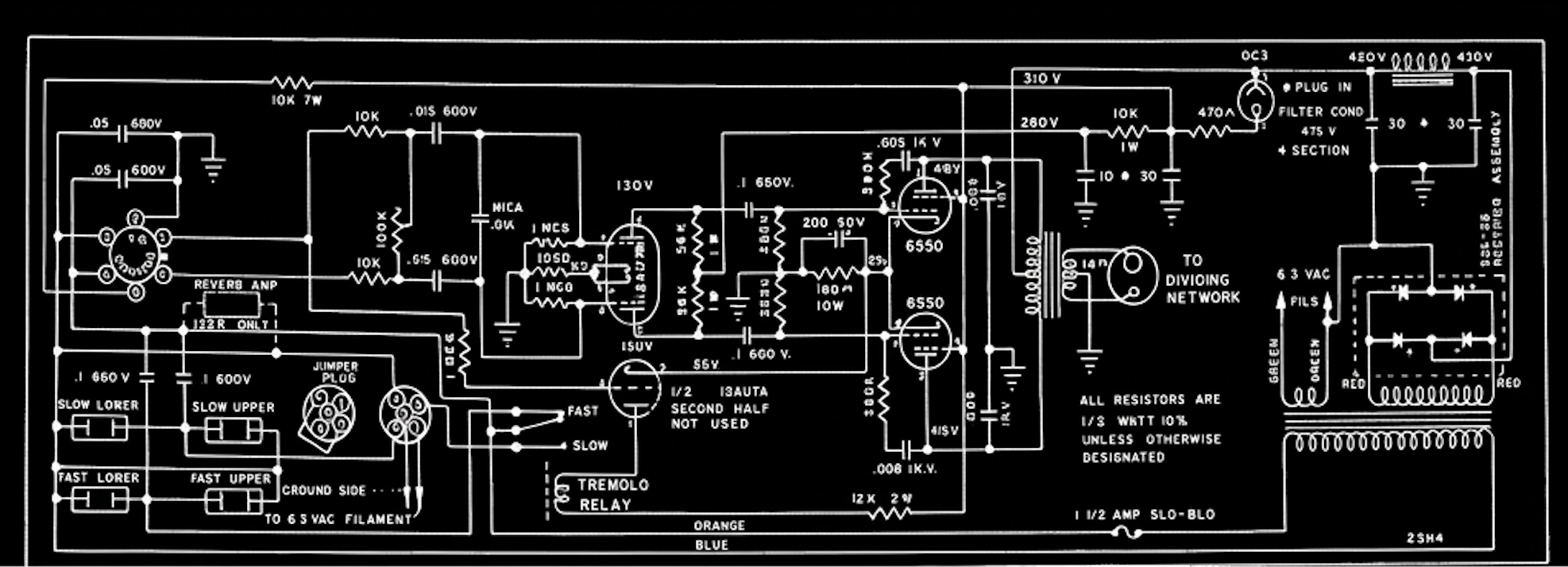 Vintage 122-style amplifier schematic — full tube circuit with driver, output stage, dividing network and motor switching.