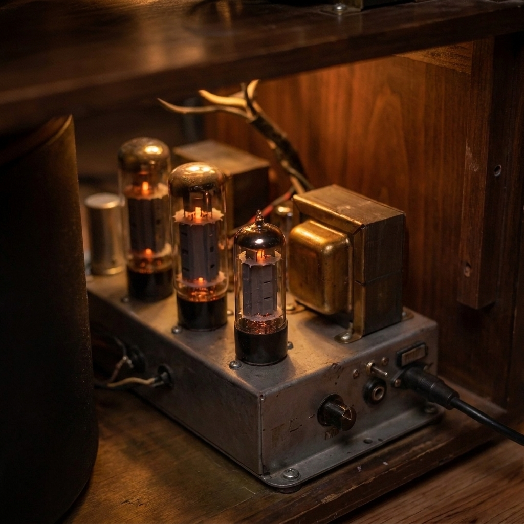 The Rotomatic valve amp — three glowing power tubes in a wooden cabinet.